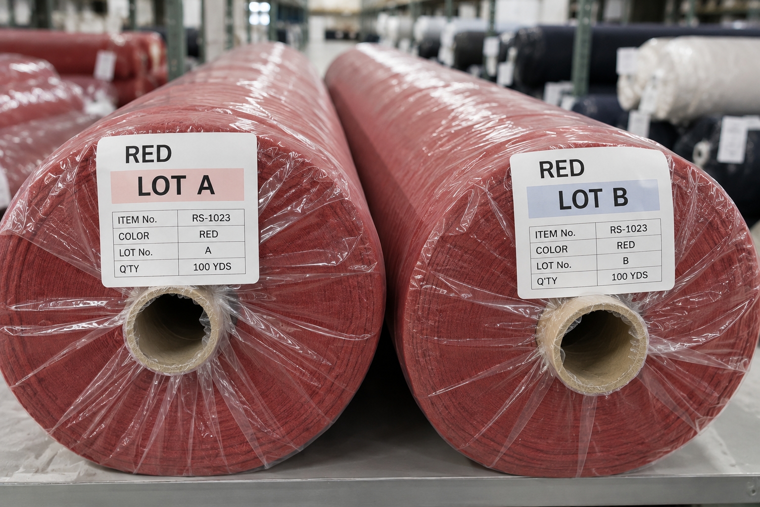 RED LOT AとRED LOT Bに分けて管理された生地ロール